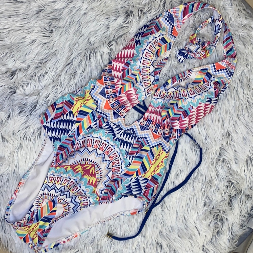 Bar III Printed Plunge Lace Up One Piece Swimsuit - Picture 1 of 6